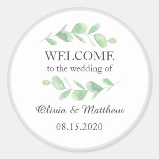 Eucalyptusbladeren. Woodland gewoon bruiloft Welko Ronde Sticker