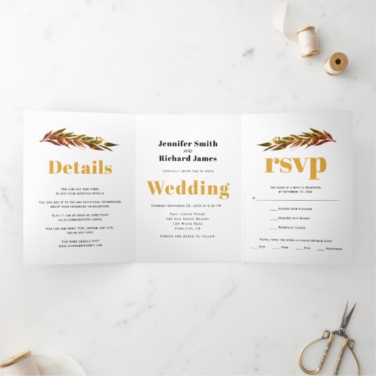 Eucalyptusbranche in herfstkleuren bruiloft drieluik uitnodiging (Binnen)