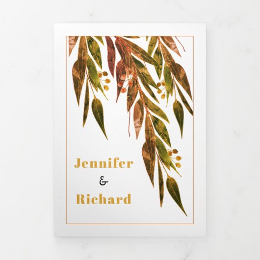 Eucalyptusbranche in herfstkleuren bruiloft drieluik uitnodiging (Cover)