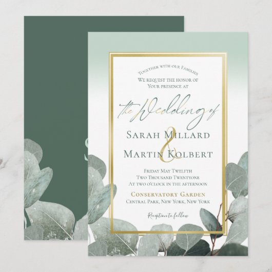 Eucalyptusbruiloft met een stoffige blauwe groene  kaart (Voorkant / Achterkant)