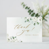 Eucalyptusbruine witte florale bruiloft bedankkaart (Staand voorkant)