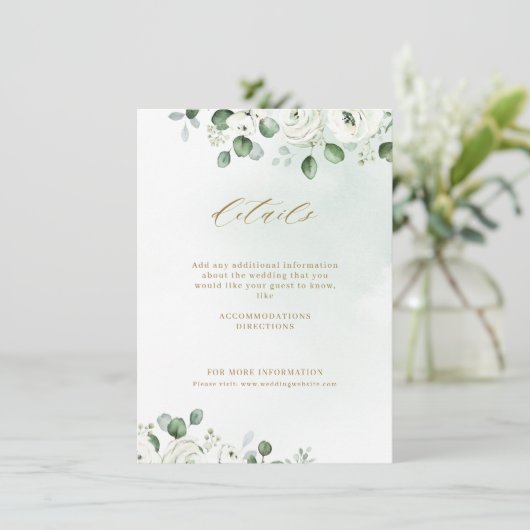 Eucalyptusbruine witte florale bruiloft informatiekaartje (Staand voorkant)