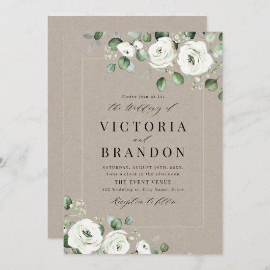 Eucalyptusbruine witte florale bruiloft kaart (Voorkant / Achterkant)