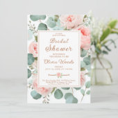 Eucalyptusgroen en blozende pioenrozen bruidsdouch kaart (Staand voorkant)