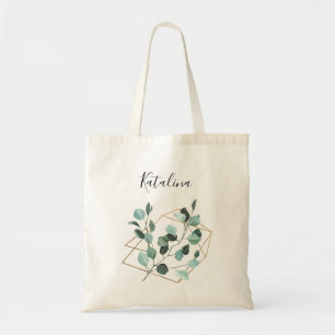 Eucalyptusgroen & Gouden Frame & Naam Tote Bag