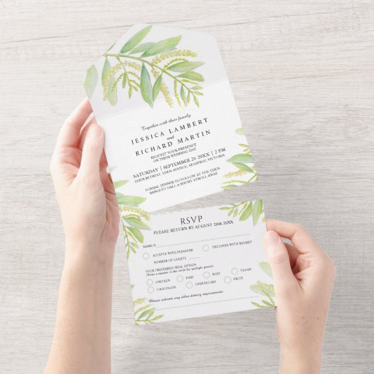 Eucalyptusgroene waterverf RSVP All In One Uitnodiging (Afscheurbaar)