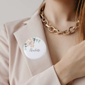 Eucalyptusgroene witte bloem naamkaart ronde button 3,2 cm