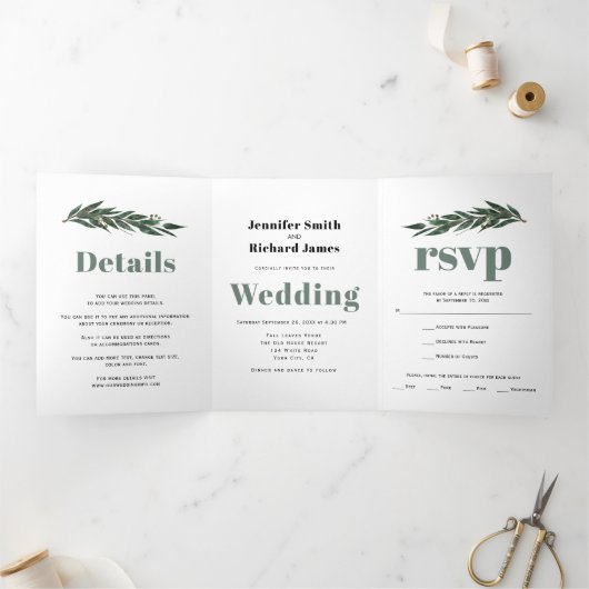 Eucalyptustak met winterbruiloft drieluik uitnodiging (Binnen)