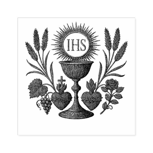 Eucharistische kelk en zijn eerste communie 	rubberstempel (Afrduk)