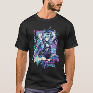 Eula Genshin Vaporwave Retro Wave Roze Blau Gradië T-shirt