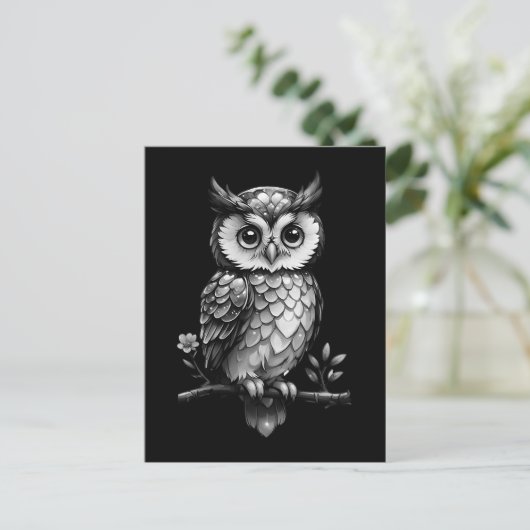 Eule auf einem blühenden Ast - schwarz weiß Briefkaart (Staand voorkant)