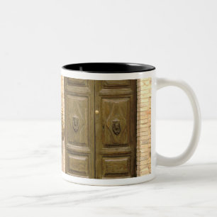 Europa, Italië, Toscane, Montalcino. Mand Tweekleurige Koffiemok