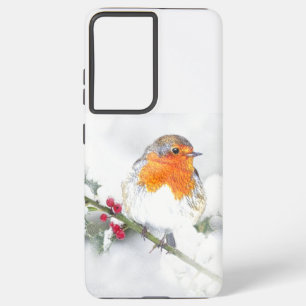 European English Robin Bird Winter Holly Berries Samsung Galaxy Hoesje