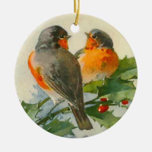European Robin & Holly Keramisch Ornament (Voorkant)