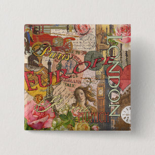 European Travel Print Art London Rome Paris Vierkante Button 5,1 Cm