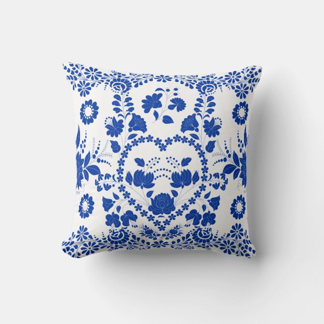European White Blue Folk Art Pillow Kussen (Voorkant)