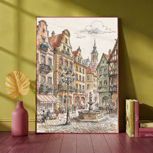 Europese Oude Stad Plein Waterverf Architectuur Poster
