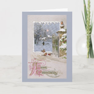 Europese Robins bij Poort aan Dorp Feestdagen Kaart