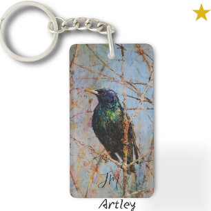 Europese spreeuw vogel schilderen Custom Initialen Sleutelhanger