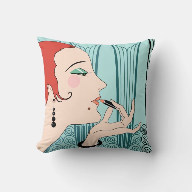 EVE, Art Deco Lady in Aqua en Blauwgroen Kussen (Voorkant)