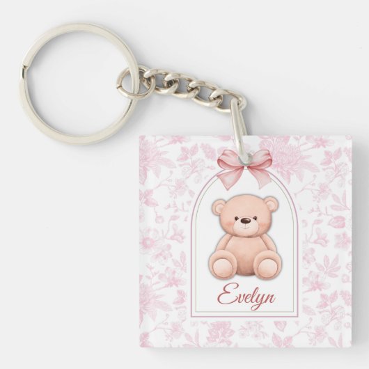 Evelyn | Aangepaste Roze Teddybeer Nursery Design Sleutelhanger (voorkant)