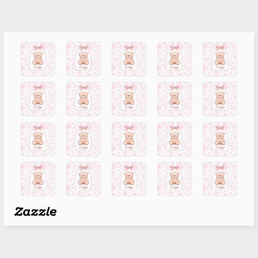 Evelyn | Aangepaste Roze Teddybeer Nursery Design Vierkante Sticker (Vel)