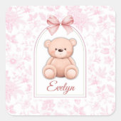 Evelyn | Aangepaste Roze Teddybeer Nursery Design Vierkante Sticker (Voorkant)