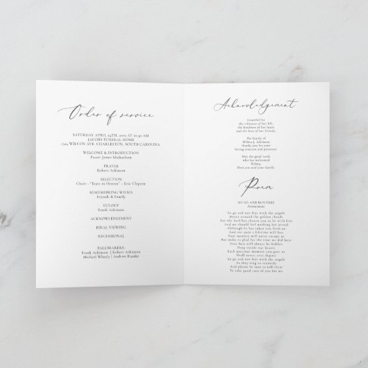EVELYN Elegant Script Memorial Funeral Programme Kaart (Binnen)