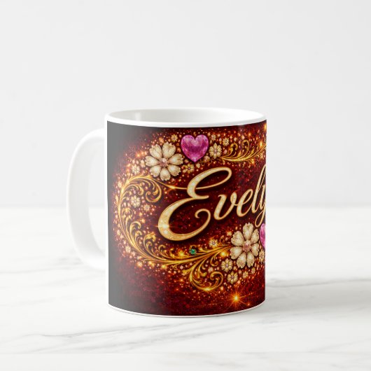Evelyn Mug Pink Hearts Gold Script Romantic Gift (Devant gauche)