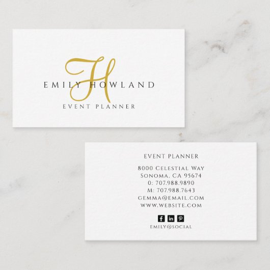 Evenementenplanner Goud Schrift Monogram Naam Visitekaartje (Voorkant / Achterkant)
