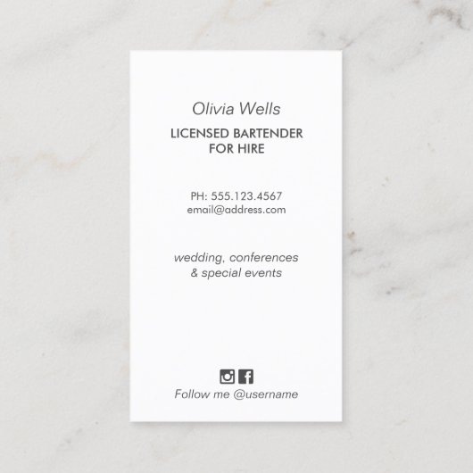 Événements Bartender Carte de visite (Dos)