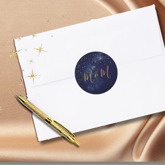 Evening Sky Moon Gold Stars Blue Wedding Ronde Sticker