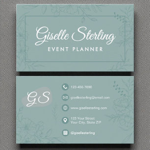 Event Planner Blauwgroen Floral Line Art Script Visitekaartje