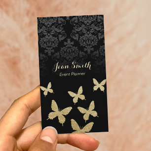 Event Planner Elegant Gold Butterflies Dark Damask Visitekaartje