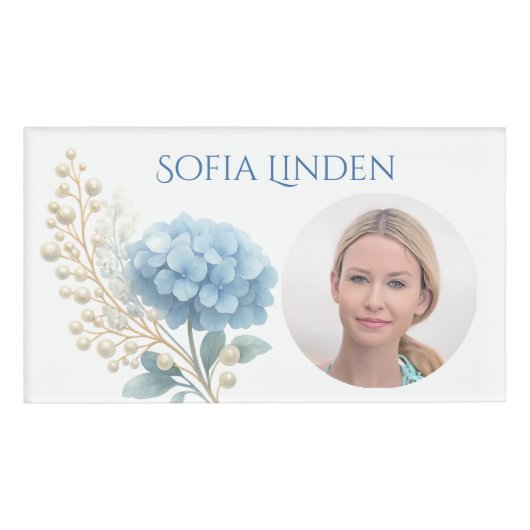 Event Stylist Powder Blue Hydrangea Waterverf Naambadge (Voorkant)