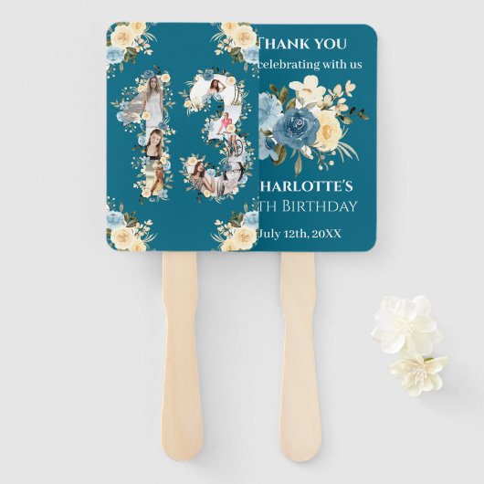 Éventail 13e anniversaire Turquoise photo Collage Fleur Jau (Devant et derrière)