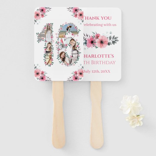 Éventail 16e anniversaire Photo Collage Rose Fleur Fille Bl (Devant et derrière)