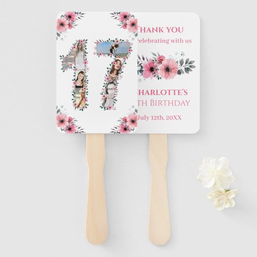 Éventail 17e anniversaire Photo Collage Rose Fleur Fille Bl (Devant et derrière)