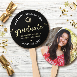 Éventail 1 Graduation Photo Black Gold Script Hearts Casque