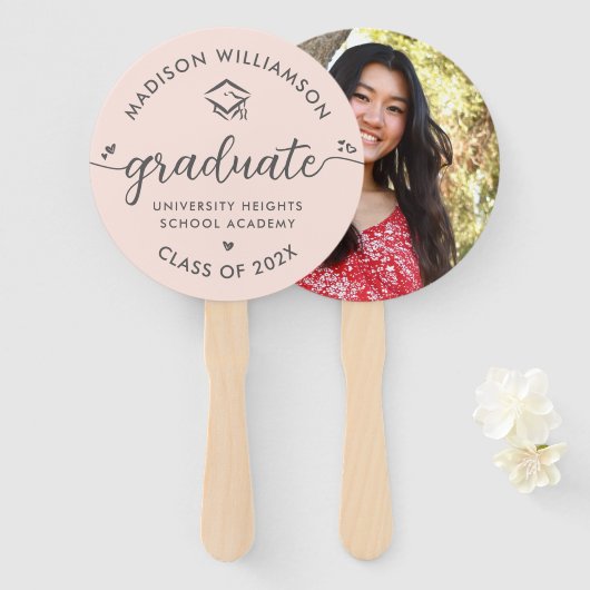 Éventail 1 Photo Blush Pink Graduation Script Coeurs Casque (Devant et derrière)