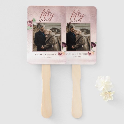 Éventail 50 ans Mariage Anniversaire Rose Parties scintilla (Devant et derrière)