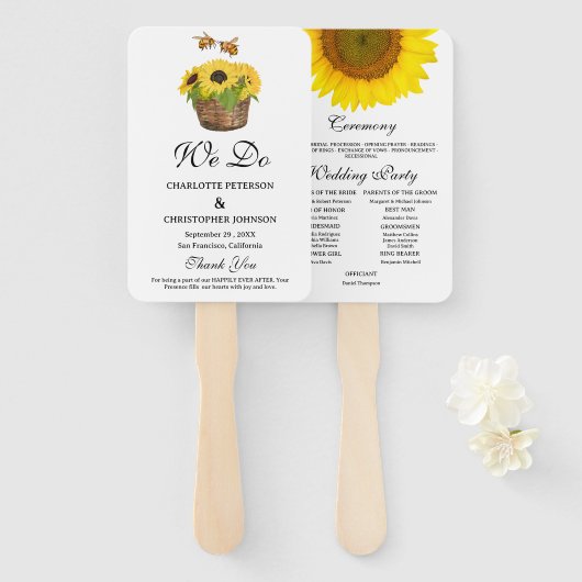 Éventail à main pour mariage avec tournesol rustiq (Devant et derrière)