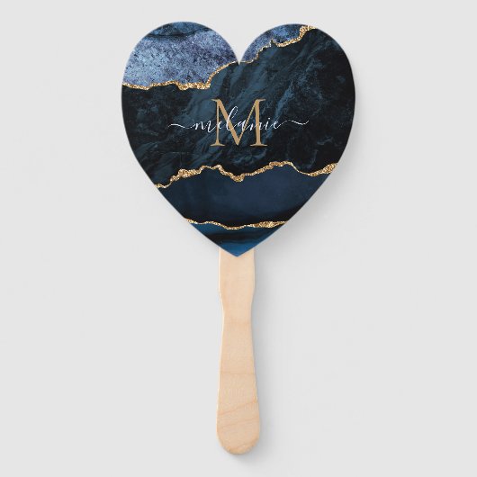 Éventail Agate Marine Blue Gold Custom Nom lettre Fan main (Devant)