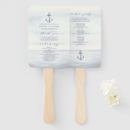 Éventail Ancre nautique Aquarelle Océan Mariage (Devant et derrière)