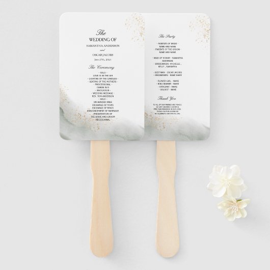 Éventail Aquarelle Abstraite Pinceau vert et or (Devant et derrière)