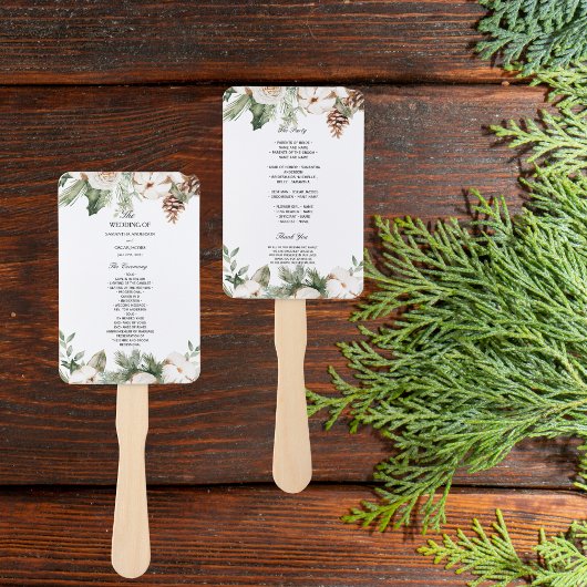 Éventail Aquarelle Arbre de pin vert d'hiver et fleurs blan