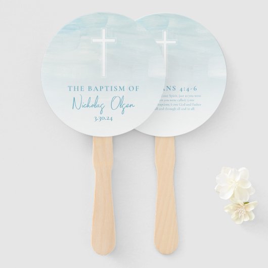 Éventail Aquarelle Baptisée Pastel Blue Hand Fans (Devant et derrière)