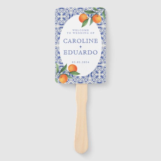 Éventail Aquarelle bleu Méditerranée Programmes Mariage (Devant)