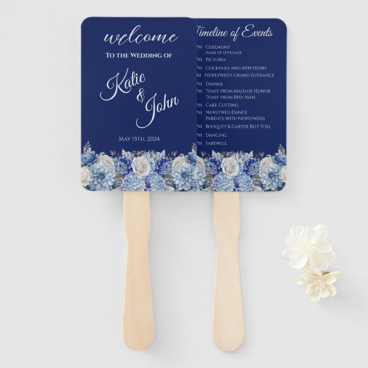 Éventail Aquarelle Blue Flower Bouquet-Wedding Programme- (Devant et derrière)