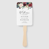 Éventail Aquarelle Bourgogne et Mariage de fleurs bleues (Devant)